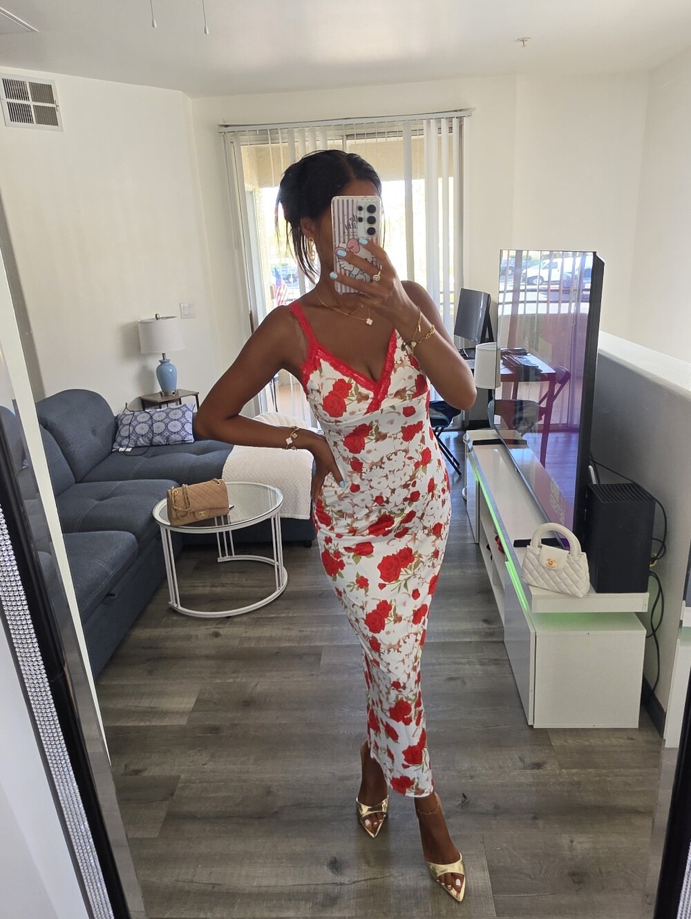 Floral Red and White Slip Midi Dress - Women - Picture 5 of 17